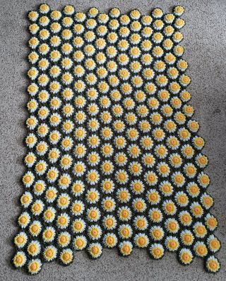 Vtg Daisy Flower 3d Crochet Afghan/throw 58 " X42 " Olive Green Yellow White Q