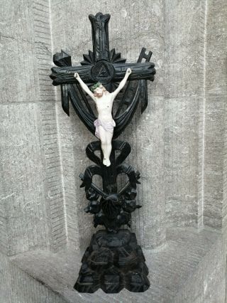 Antique Black Forest Carved Wood Sacred Hearth Standing Crucifix Jesus Corpus