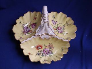 Antique Lg.  Signed Meissen Porcelain H.  P.  Flowered 3 Part Handled Serving Dish