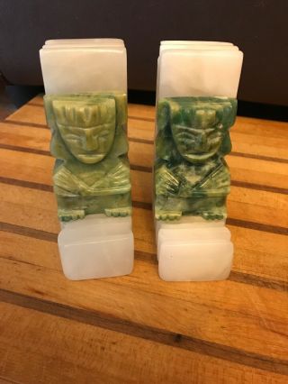 Vintage Aztec Mayan Tiki Carved Green Marble Onyx Stone Bookends Set Of 2