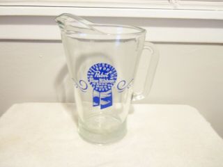 Vintage " Pabst Blue Ribbon Beer " Large Heavy Glass Handled Pitcher