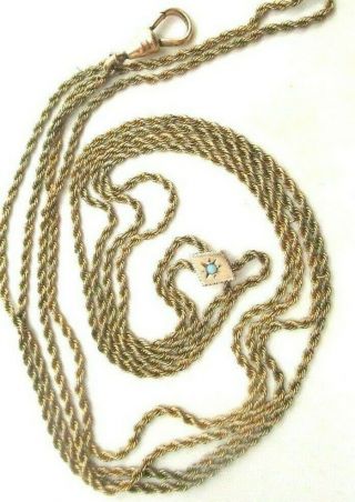 Antique Long Gold Pocket Watch Chain With 14k Rose Gold Opal Slide