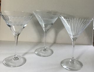 Vintage Mid Century Modern Mikasa? Etched Martini Glasses Set Of Three