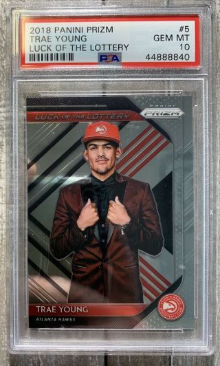 2018 - 19 Prizm Trae Young Luck Of The Lottery Rc 5 Psa 10 Gem Hawks Pmjs 40