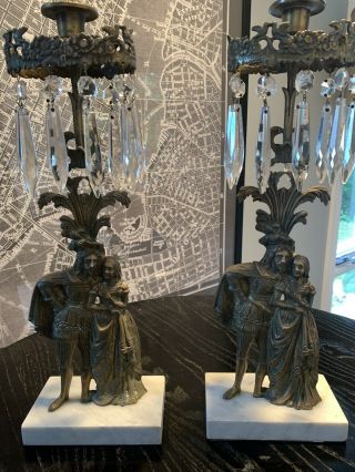 Set Of 2 Antique Ornate Girandole Bronze Brass Crystal Candle Holders Candelabra
