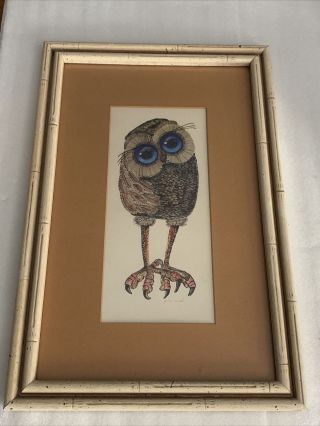Vintage Glenn Heath Owl Print Framed And Matted “big Eyed Owl”