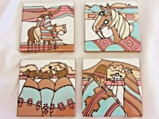 Cleo Teissedre 4x4 Tile Coasters Trivets Wall Art Set Of 4 W/wood Holder Vintage