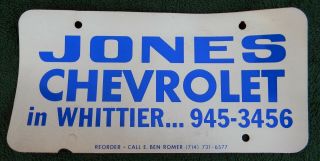 Vintage Jones Chevrolet Whittier Ca.  License Plate Frame Insert