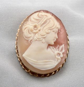 Vintage 14k Yellow Gold Hand Carved Shell Cameo Brooch Pin Pendant 6.  5g Antique