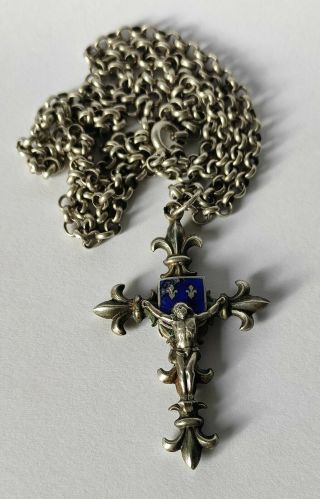 Antique French Art Nouveau Victorian Fleur De Lis Cross Sterling Silver Pendant