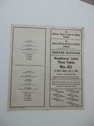 1936 Santa Fe And Denver Rio Grande Western Joint Employee Timetable No 61 Atsf
