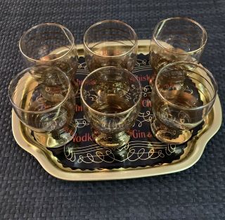 Vintage Set Of Gold Shot Glasses With Vintage Cocktail Tray With Box