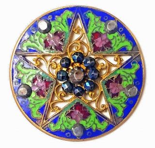 Antique Button…large Stunning Enamel…openwork Star W Cut Steels…rich Colors