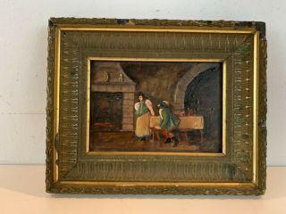 Antique Likley European Oil Painting On Board Of Couple At Table Framed