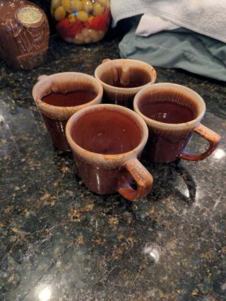 Set Of 4 Vintage Hull Pottery Brown Drip Glaze Oven Proof Usa Coffee Cups Mugs