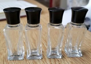 Vintage Set Of 4 Empty Glass Mini Bottles Black Caps Cute Little Bottles