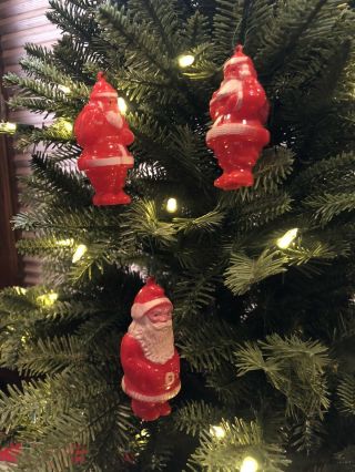 Set Of 3 Vintage Hard Plastic Santa Christmas Ornaments - 3 " Tall | Red/white