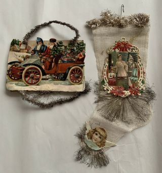2 Antique Christmas Victorian Die Cut Scrap & Tinsel Stocking & Car Ornaments