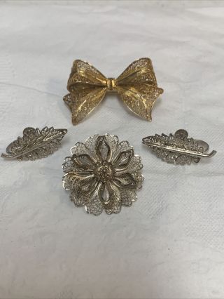 Vintage Gold Over Sterling Silver 925 Filigree Bow Flower Pin Brooch Earrings