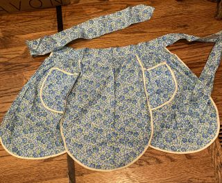 Vintage Cotton Half Apron With Blue Flowers And White Piping.