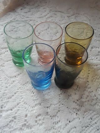 Vintage Multi - Color Set Of 5 Crystal Glass Etched Shot Glasses 1 Oz 2 1/4 " Tall