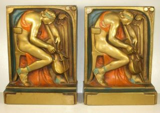 Pompeian Bronze Co.  Bookends - Classical Nude Playing Cello - Sharp Art Deco