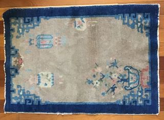 Antique Chinese Art Deco Nichols Peking Rug Carpet Hand Knotted Blue 35”l X 24”w
