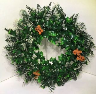 Vtg Green Plastic 16” Christmas Wreath Candle Ring Velvet Berries Holly Leaves