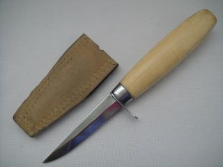 Vtg Kj Mora Sweden Fixed Blade Knife,  Wood Handle 7 - 3/4 " L,  Blade Protector Sheath