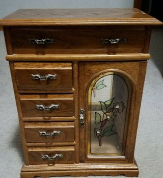 Vintage Wooden 4 Drawer Stand Up Jewelry Box With Glass Door And Flip Open Top