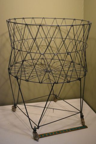 Vintage Allied Metal Wire Collapsible Laundry Basket Car With Caster Wheels