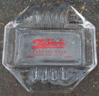 Vintage 1963 Kaier ' s Beer Mahanoy City Pa.  Clear Glass Bar Top Ashtray Red Print 2