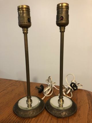Vtg Antique Pair Ornate Brass Candlestick Lamps W/ Etched Glass Base