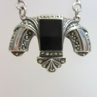 Antique Art Deco Sterling Silver 925 Necklace With Onyx & Marcasite