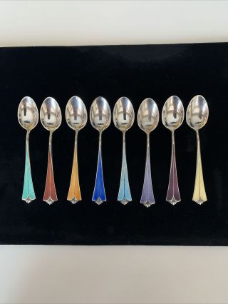Set Of 8 David Andersen Norway Sterling Silver Enamel Guilloche Demitasse Spoons