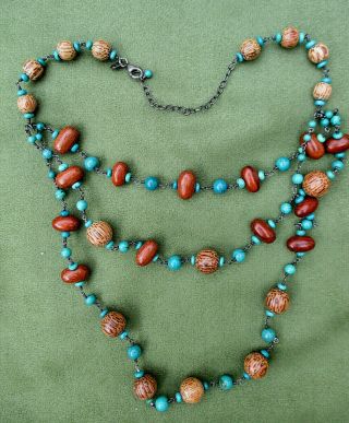 Vintage Turquoise & Wood Bead Multi - Strand Necklace,  Sterling Silver Clasp,  Nr