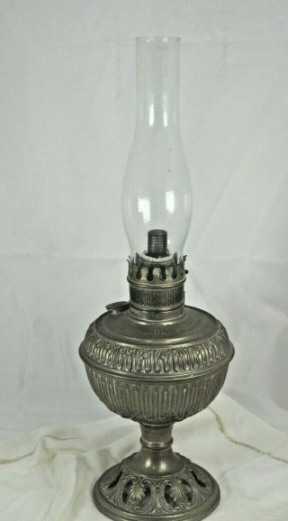 Antique 1892 Bradley & Hubbard B & H Oil Kerosene Lamp Nickle Metal Table Lamp