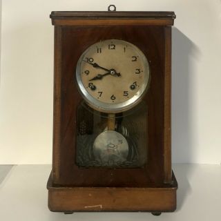 Antique 1920s Chinese Wood Wall Clock With Chime Key & Pendulum - Glass Front