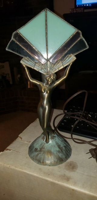Antique L&l Wmc Art Nouveau Naked Lady Holding Stained Glass - Brass Lamp