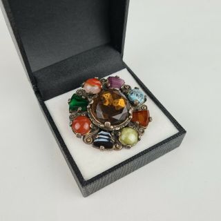 Vintage Signed Miracle Scottish Polished Agate Amber Glass Brooch Kilt Pin
