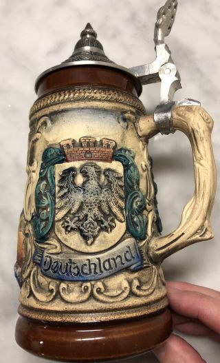 Vintage Large German Beer Stein W/ Metal Lid Stamped.  Cologne Germany