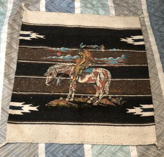 Vintage Mexican Printed Indian Design Woven Rug Wall Hanging 28x29” Tapestry