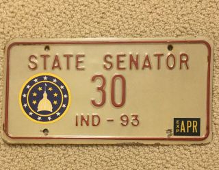 Vintage 1993 Indiana State Senator License Plate Rare