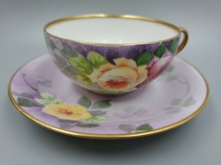 Vintage Coronet Limoges France Hand Painted Pink Yellow Roses Tea Cup And Saucer