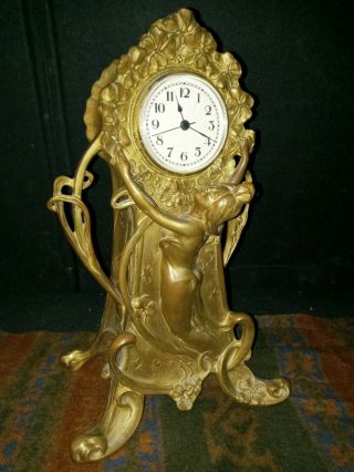 Antique Vtg Art Nouveau Metal Gold Gilt Mantle Clock Highlighting Lovely Woman