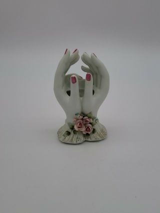 Lefton Ladies Cupped Hand Vase Kw1787 Pink Roses Vintage 50 