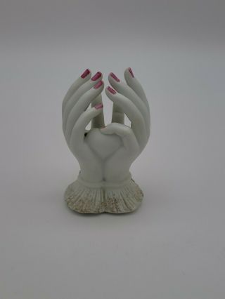 Lefton LADIES CUPPED HAND VASE KW1787 Pink Roses Vintage 50 ' s Porcelain 2