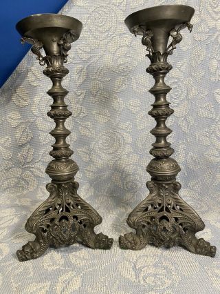 Vintage Large Ornate Metal Dragons Gryphons Mythological Gothic Candlesticks