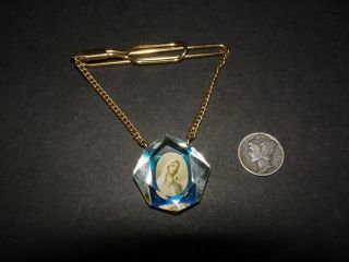 Vintage gold tone - lucite pendant - VIRGIN MARY TIE BAR clasp - Catholic - HTF 2