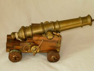 11 " Vintage Bronze/brass Trunnion Cannon With Wooden Carriage,  Rammer